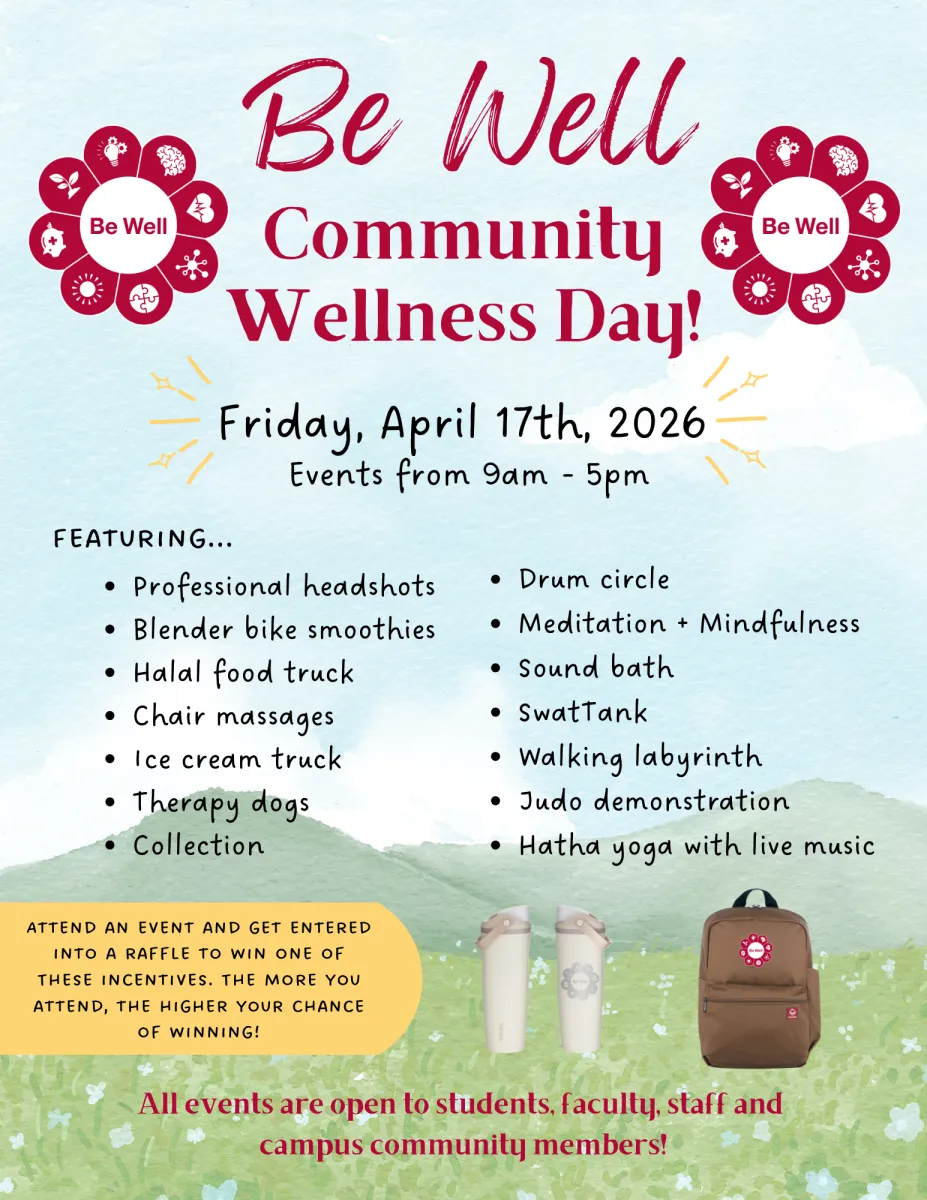 Flyer for the 2026 Be Well Community Wellness Day showing daylong programs and images of raffle options for a custom cup or bag