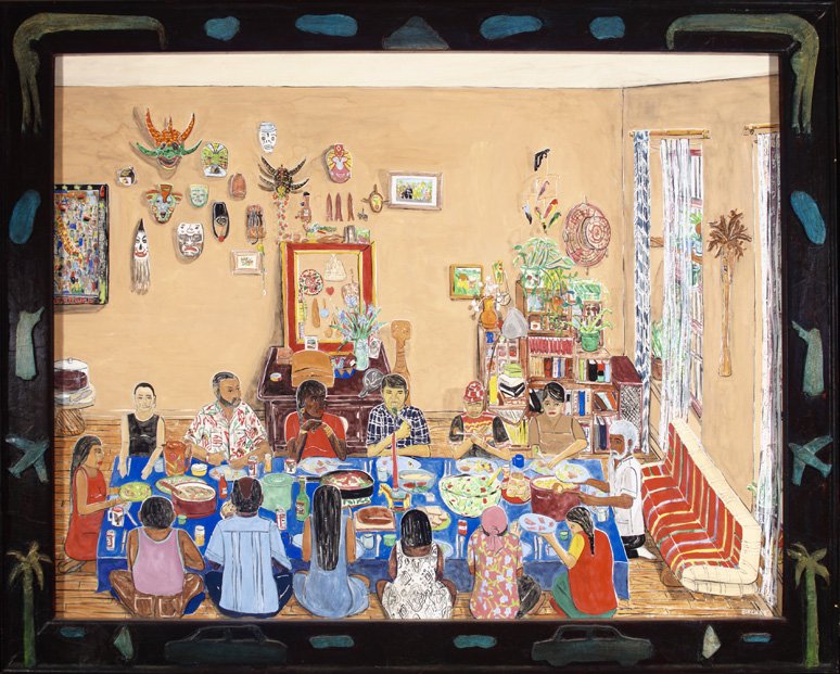 A diverse community gathering for a feast in "A Farewell Feast..." Willie Birch, 1998