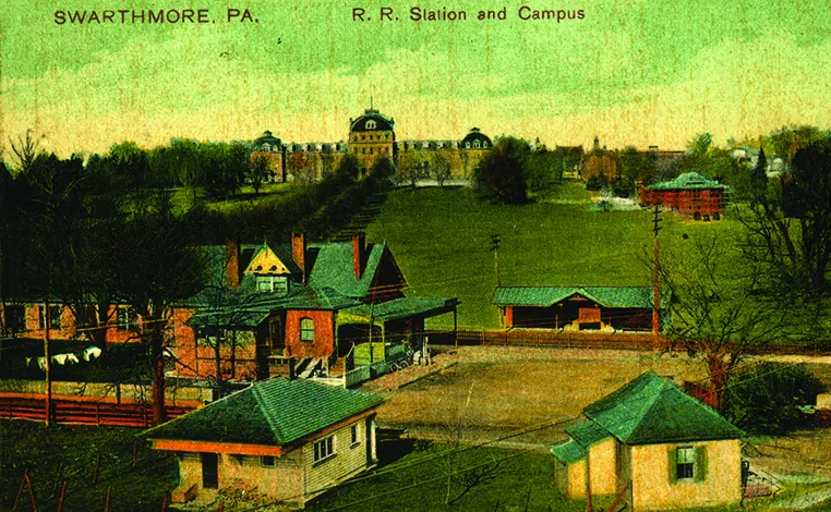 early postcard view of campus as viewed from the train station