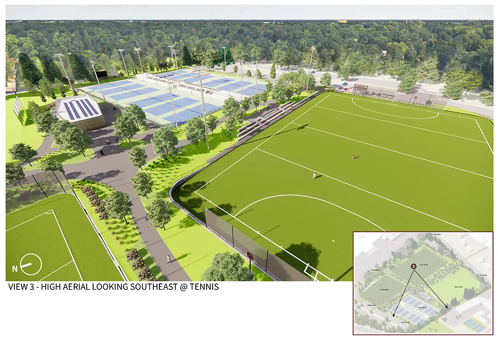 View 3 of Cunningham park project with text "high aerial looking southeast at tennis"