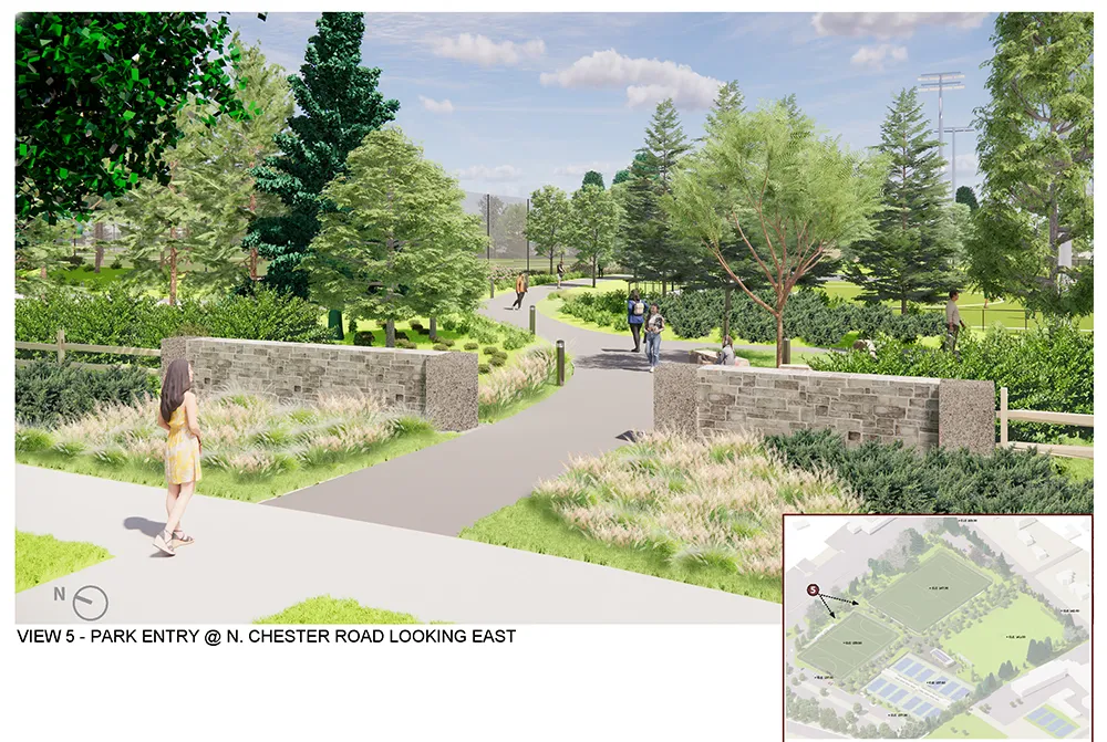 Rendering of cunningham park with text "View 5-Park entry @ N. Chester Road looking east."