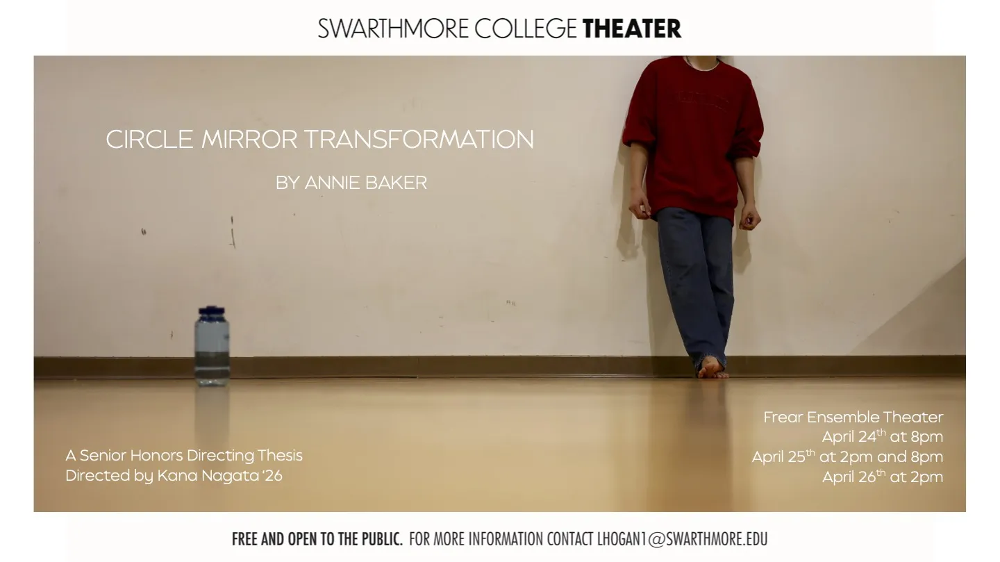 Poster for Circle Mirror Transformation. Featuring one body leaning against a white background. They are wearing a red sweatshirt, and their head is not visible. 