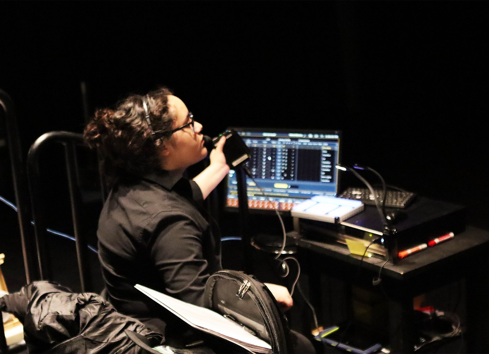 Student Imzadi Diaz '26 works on a lighting design for the Spring Night of Scenes, 2023. 