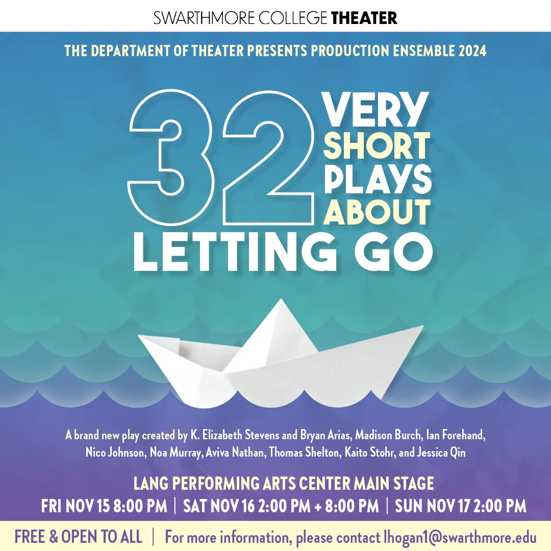 Social Media Image for 32 Very Short Plays About Letting Go. A white cartoon paper boat floats above cut out waves. Text regarding the show's performance is above and below the boat
