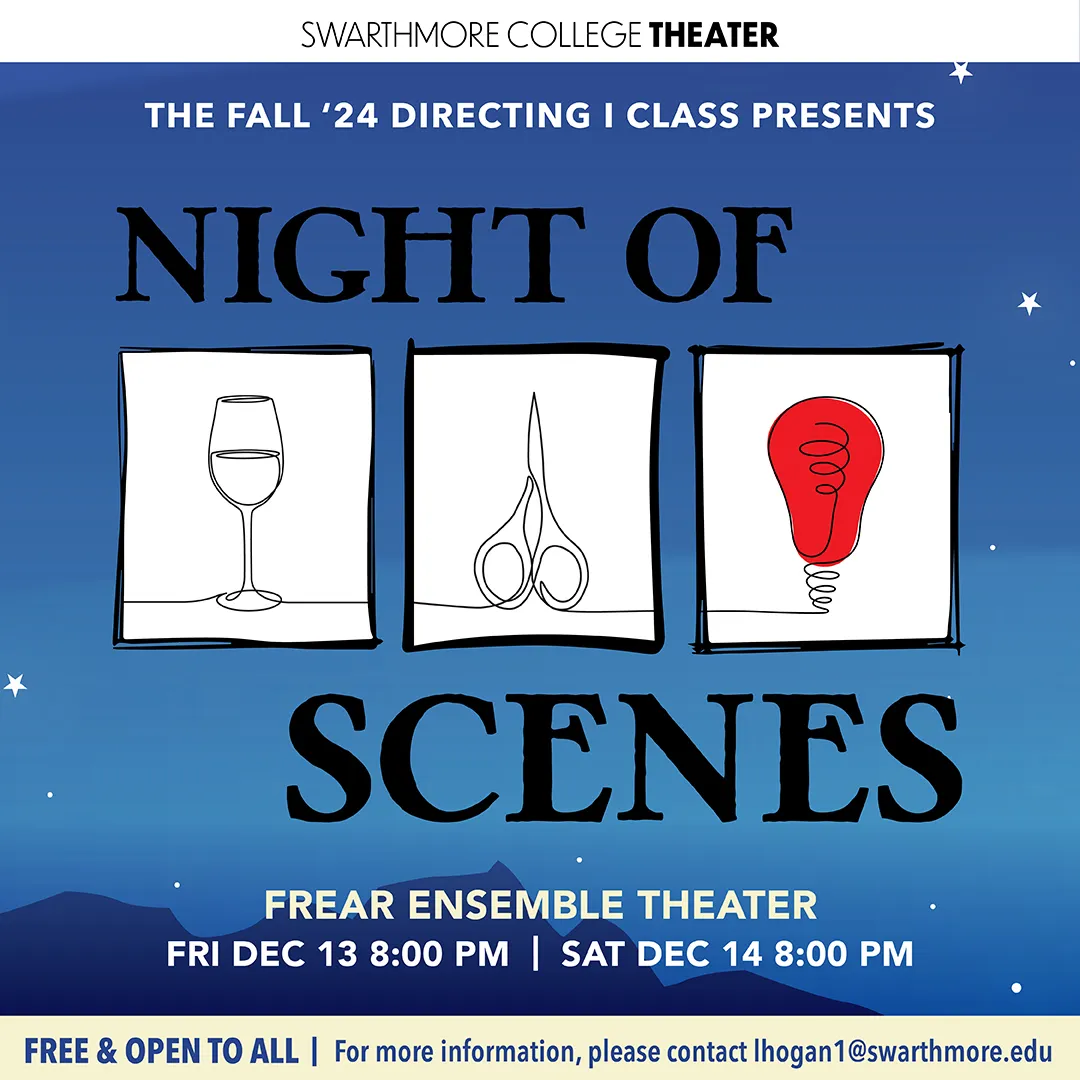 The social image for Directing I Night of Scenes (2025). The background is a starry sky. Three line drawings of a wine glass, a pair of scissors and a red light bulb are highlighted in the center of the image
