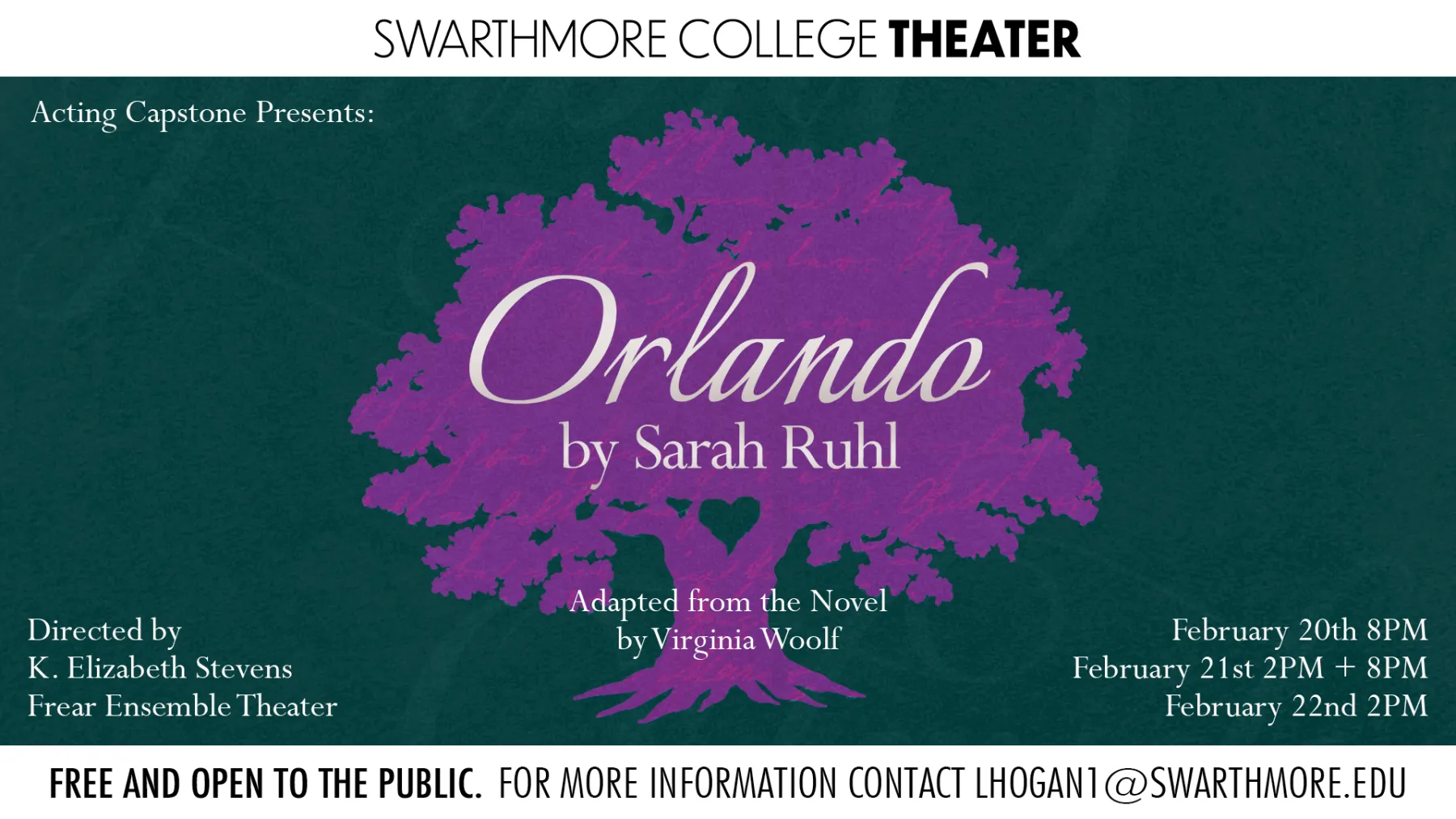 Poster for Swarthmore Theater's Orlando featuring the outline of a purple oak tree against a green background. The text, including the title, the author, and the dates and times are in silver. 