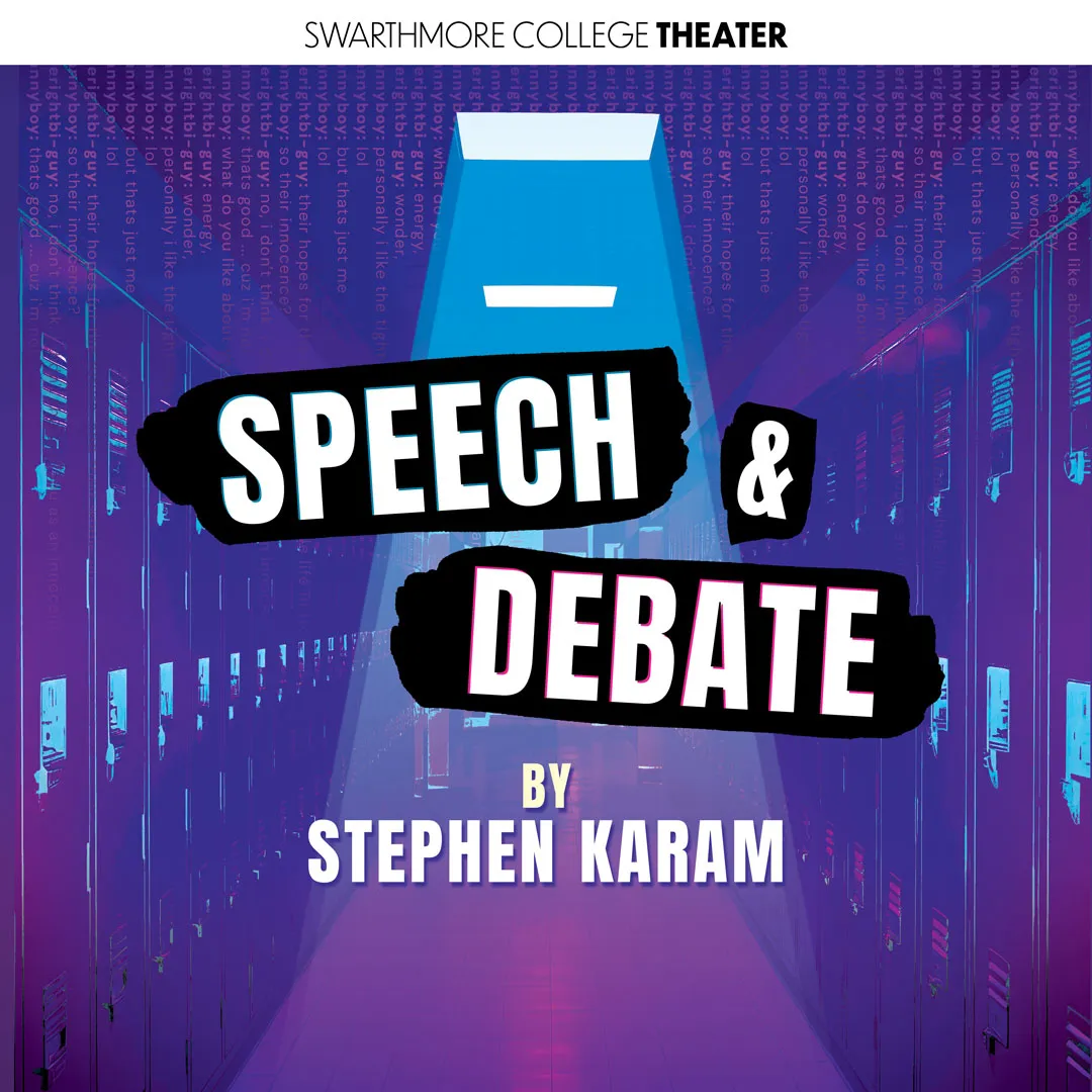 Social image for Speech and Debate at Swarthmore Theater Department. A purple filter is over a