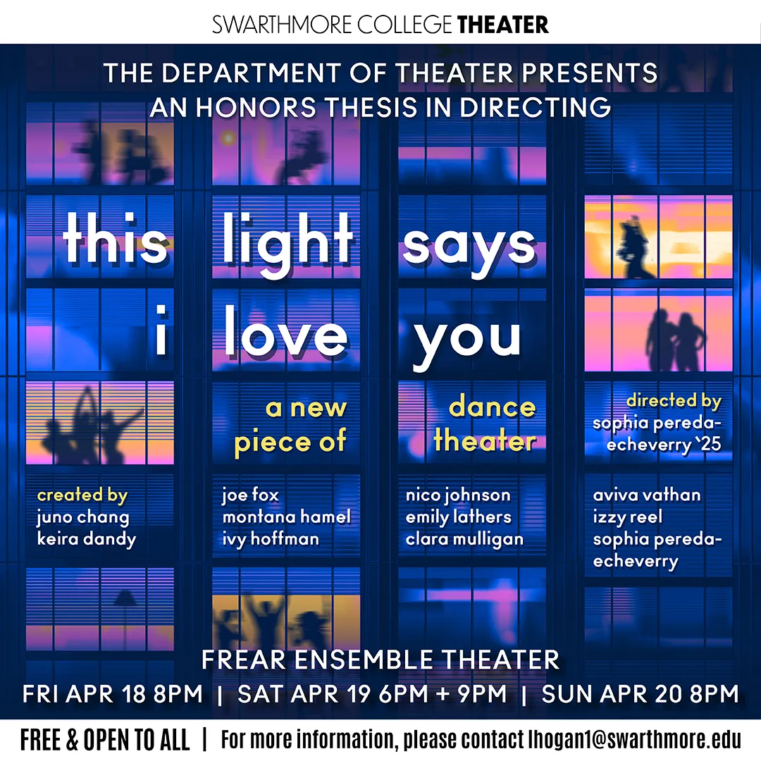 Social Image for Senior Honors Directing Thesis for Spring 2025. A series of windows are illuminated in blue and pink. The title and the names of the creating ensemble are listed. 