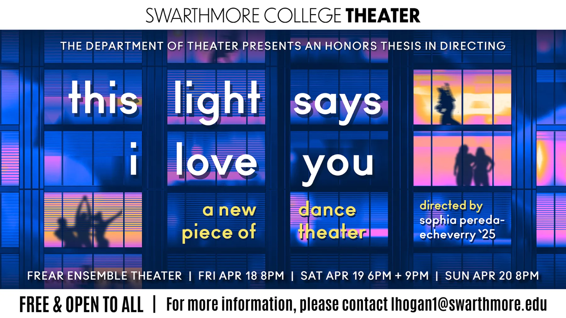 The marketing image for this light says i love you. Several blue and pink windows reveal bodies in sillouettes dancing, and posing. Information about the event is listed in the image