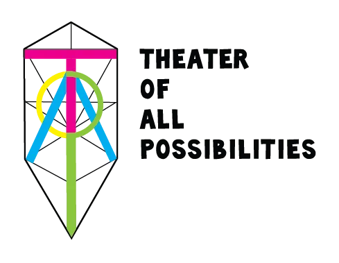 A geometric logo of thin black lines behind neon letters that spell out TOAP on a white background. Black text reads "Theater of All Possibilities"