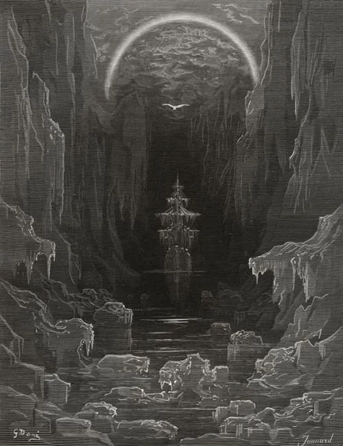 An old engraving by Gustave Dore shows a ship sailing between looming icebergs.