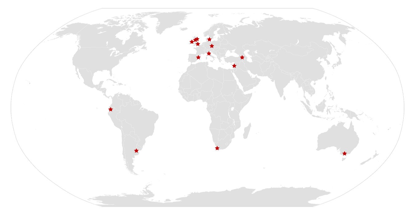 Map with stars on it marking Denmark, the UK, the Czech Republic, Ireland, Spain, Italy, Argentina, Ecuador, Armenia, Lebanon, South Africa, and Australia 