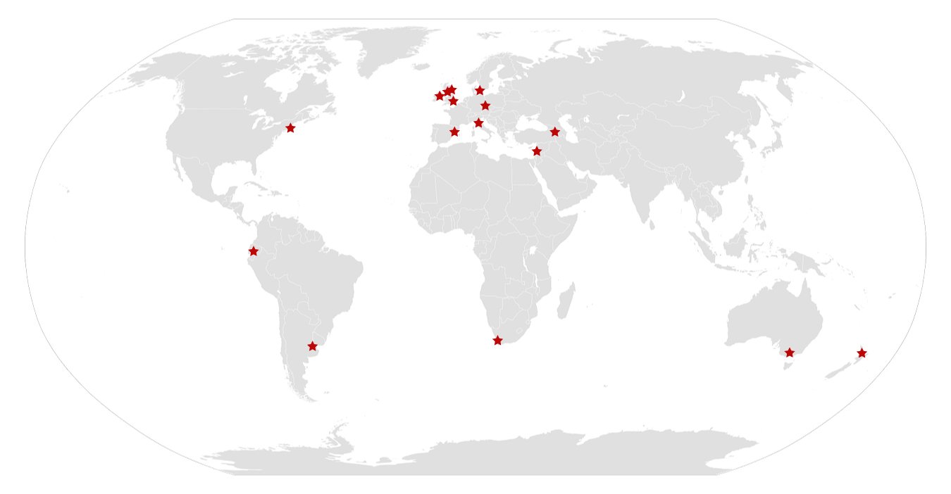 Map with stars on it marking Denmark, the UK, the Czech Republic, Ireland, Spain, Italy, Argentina, Ecuador, Armenia, Lebanon, South Africa, Nantucket, Auckland,and Australia 