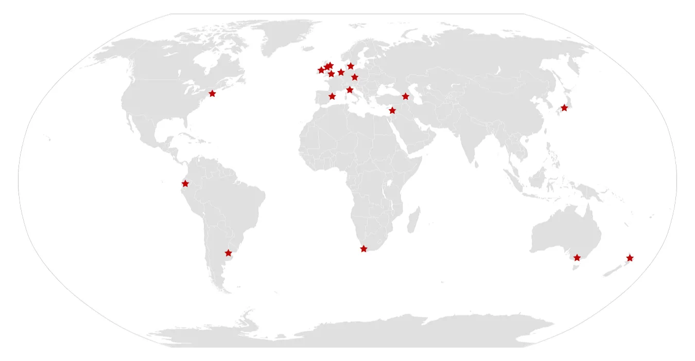 Map with stars on it marking Denmark, the Netherlands, the UK, the Czech Republic, Ireland, Spain, Italy, Argentina, Ecuador, Armenia, Lebanon, South Africa, Nantucket, Auckland, Australia, and Kyoto