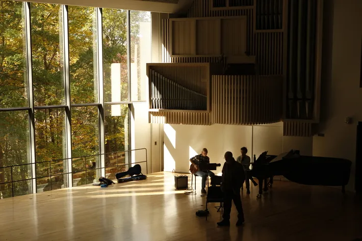 Musicians inside Lang Concert Hall