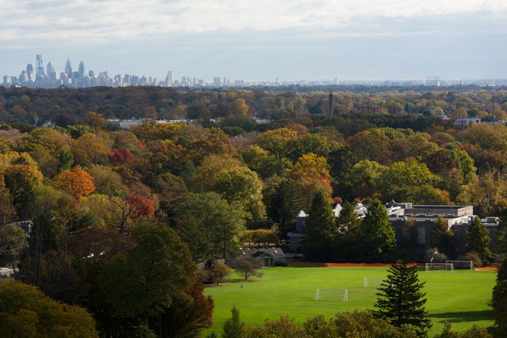 Campus in the foreground with the Philadelphia skyline in the distance