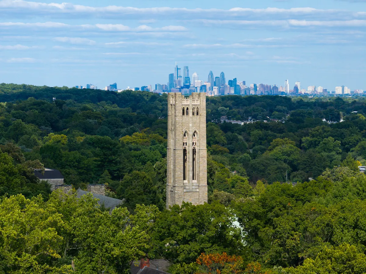 Aerial view of campus with the Philadelphia skyline
