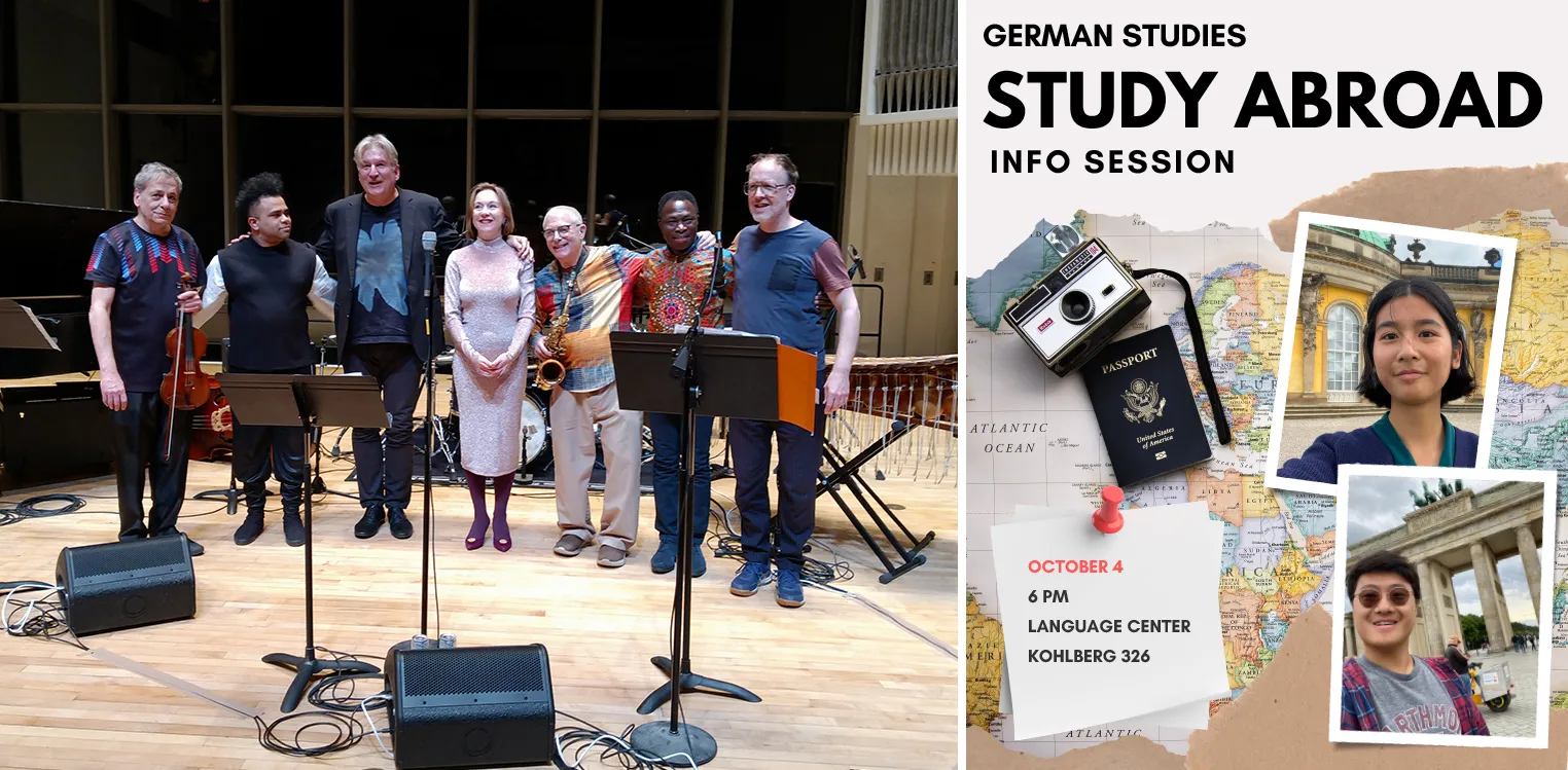One photo of a group of people standing on a stage, another photo advertising a past Study Abroad session on October 4 2024 in Kohlberg 326.