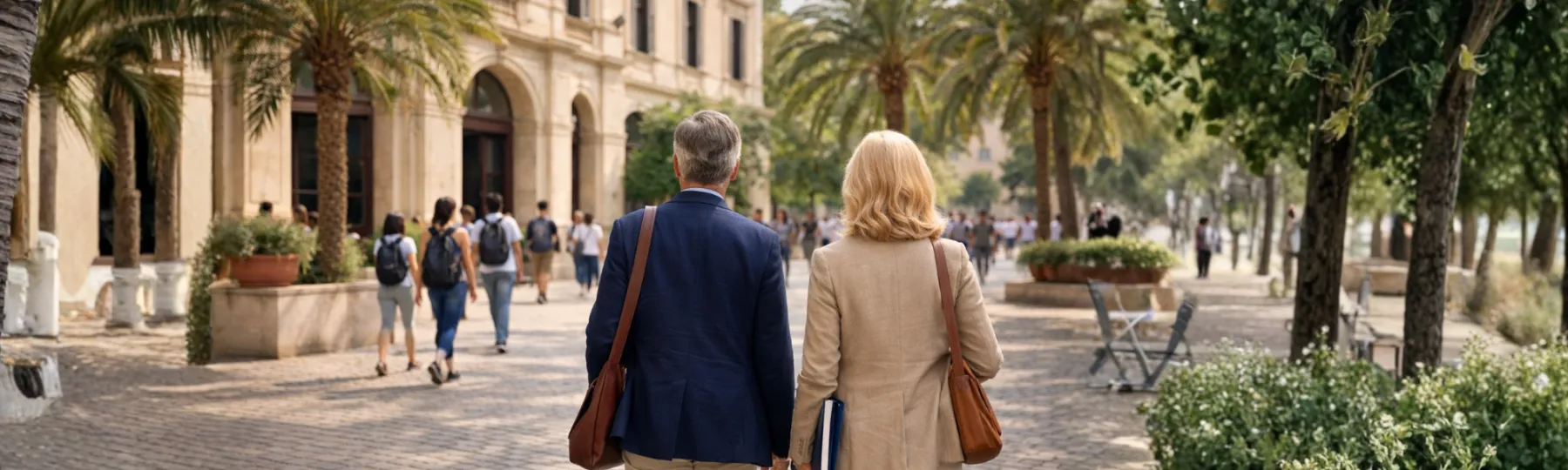 Two faculty members walk away down campus path