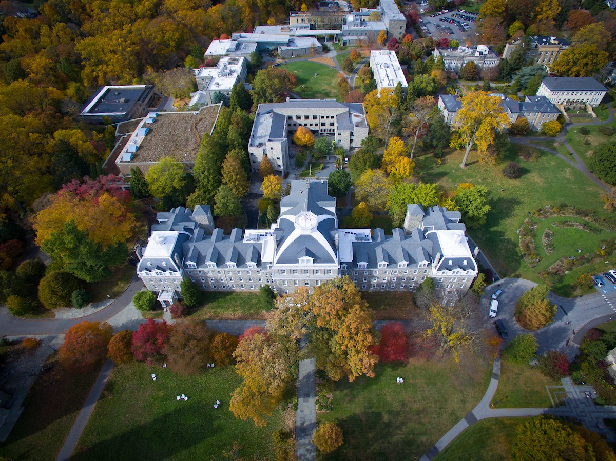 aerial shot of campus in fall