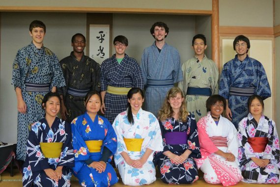 Students posing in traditional Japanese attire