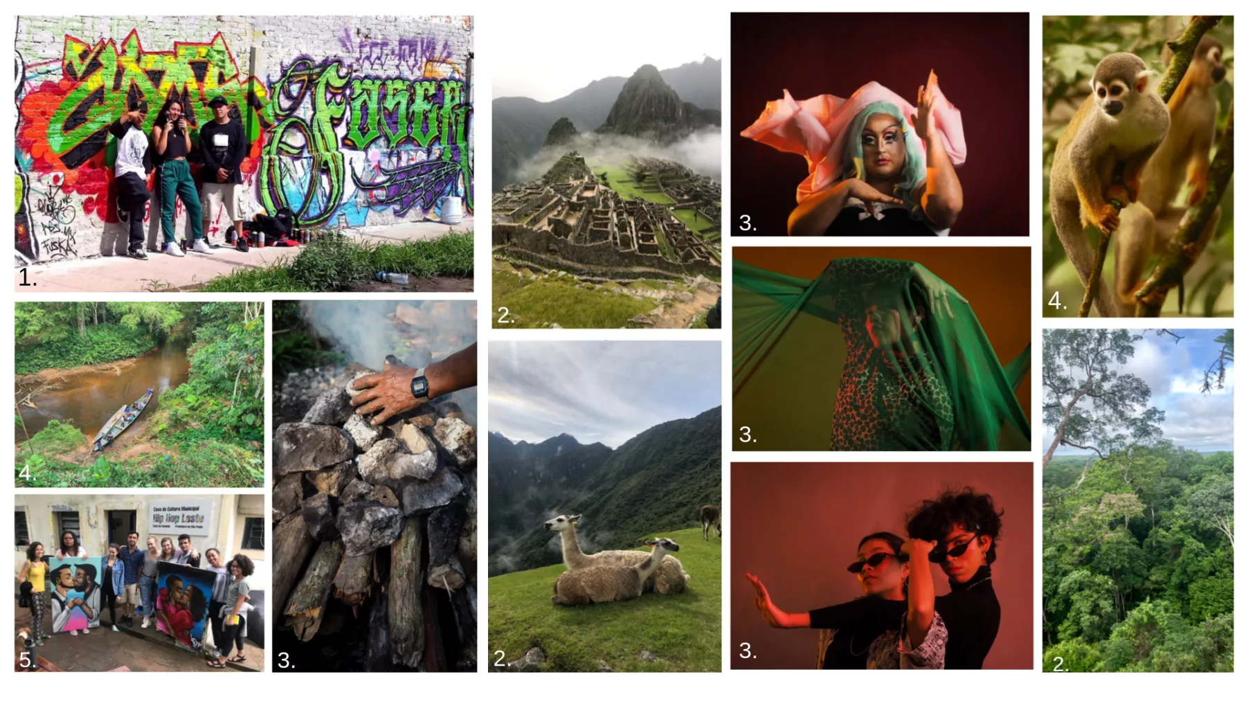 Student Off-Campus Study Photos. By number: 1. Sydnie Schwarz '20, San Luís Potosí, Mexico through a GPLASC Grant 2. Sofia Cabrera '20, The School of Field Studies Biodiversity and Development in the Amazon 3. Emma Morgan-Bennett ‘20, IFSA-Merida Universities Program, Mexico 4. Lillian Fornof '20, Rhearsing Change, Ecuador 5. Keyanna Ortiz-Cedeño ‘20, SIT Study Abroad/IHP Cities in the 21st Century: People, Planning, and Politics (Spring), Brazil