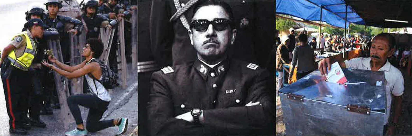 Collage of three images. Man kneeling in front of police, military strongman in sunglasses, man casting ballot