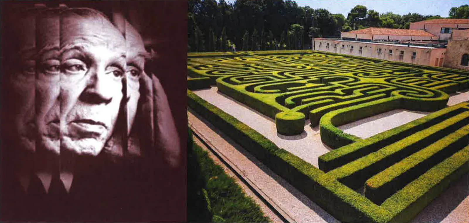 Photo of Jorge Luis Borges and a garden maze