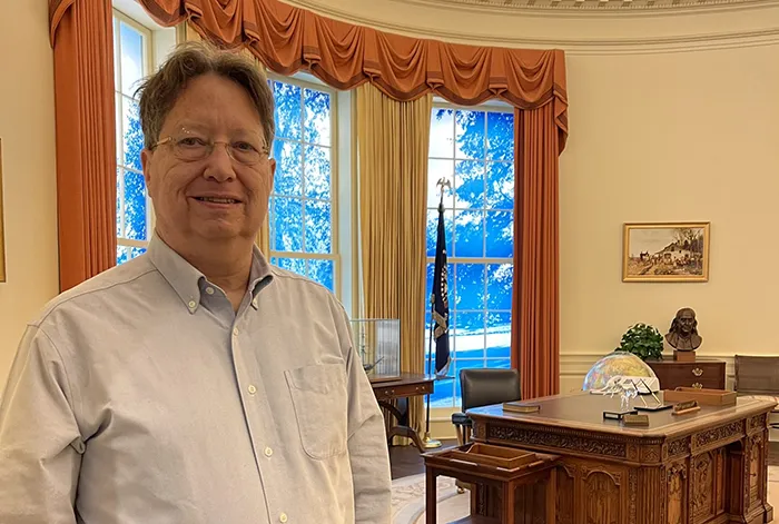 Roderick inside the Jimmy Carter Library and Museum's replica of the Oval Office