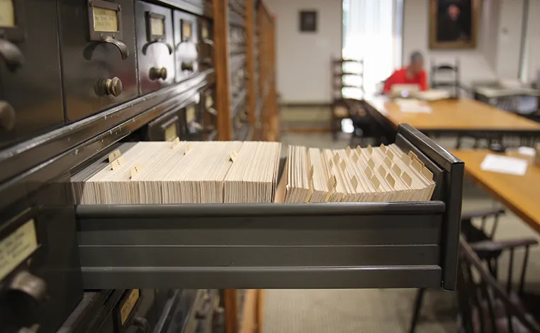 open card catalog drawer in the Special Collections Reading Room