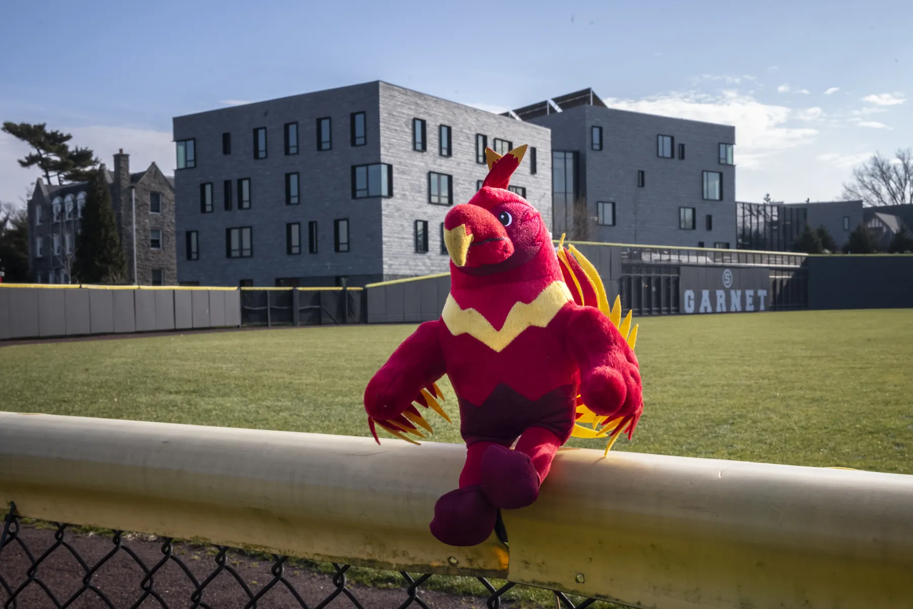 picture of a mini Phineas the Phoenix plushie sitting on a fence around the baseball athletic field.