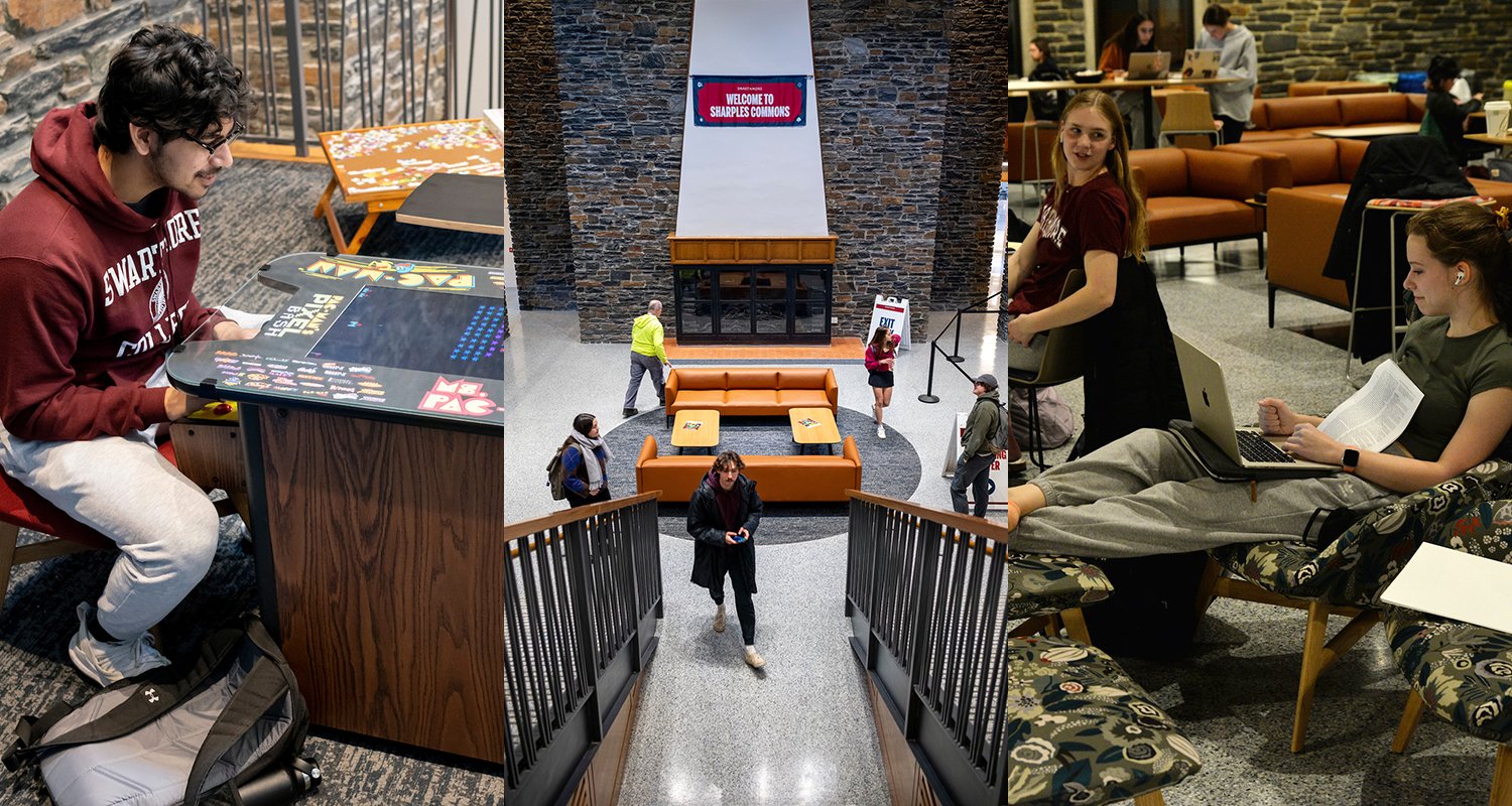 Collage of Sharples commons: student playing video games, fireplace, and student study space