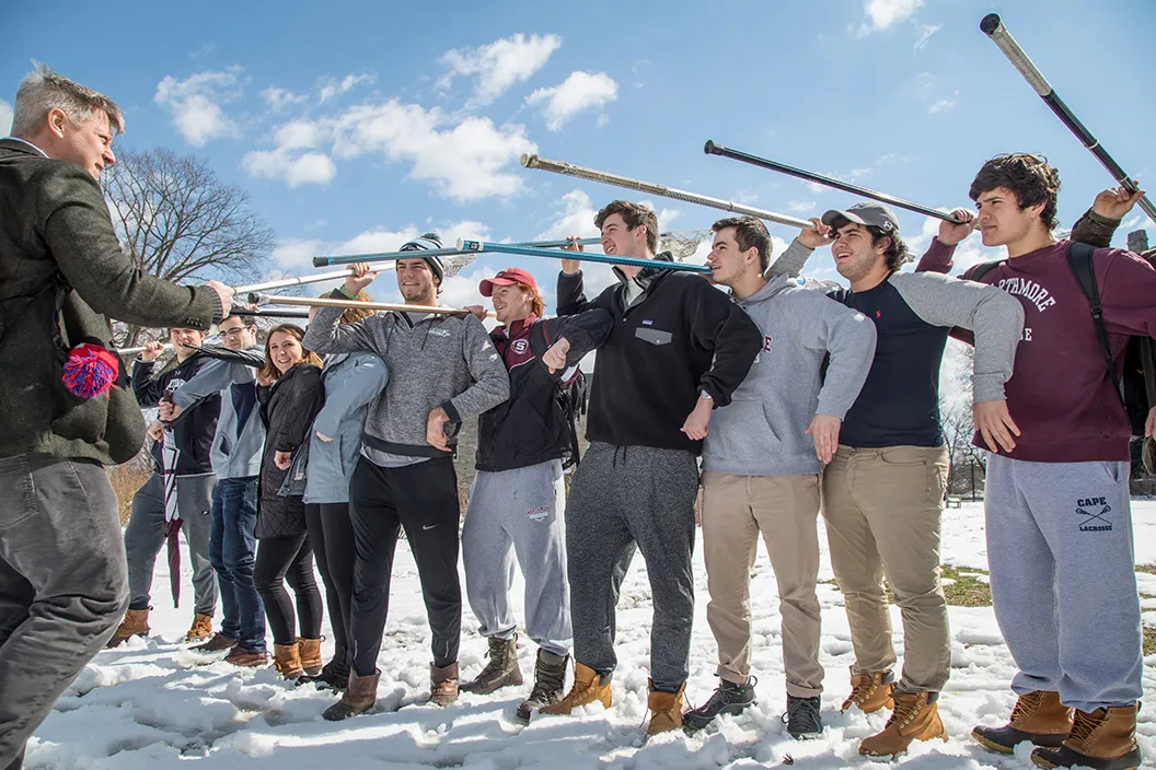 Students learn about ancient battle formations outdoors