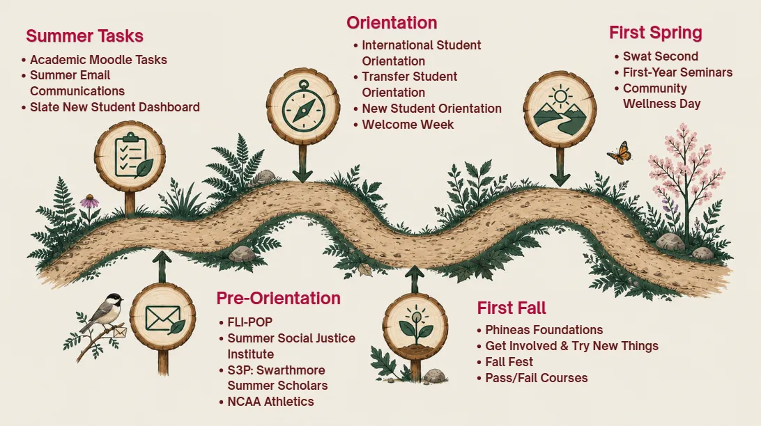 Timeline of Your First-Year. Summer Tasks: Academic Moodle Tasks, Summer Email Communications, Slate New Student Dashboard. Pre-Orientation: FLI-POP, Summer Social Justice Institute. Orientation: International Student Orientation, Transfer Student Orientation, Welcome Week. First Fall: Phineas Foundations, Join a Club, Fall Fest, Pass/Fail Courses. First Spring: Swat Second, First-Year Seminars, Community Wellness Day.