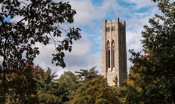 Clothier tower framed by fall foliage