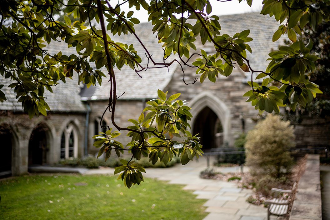 Garden next to Clothier Bell tower at Swarthmore College