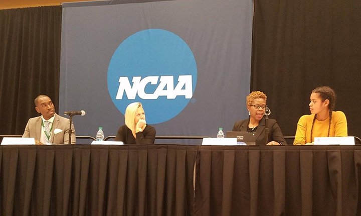Emma Morgan-Bennett '20 speaks at an NCAA Panel