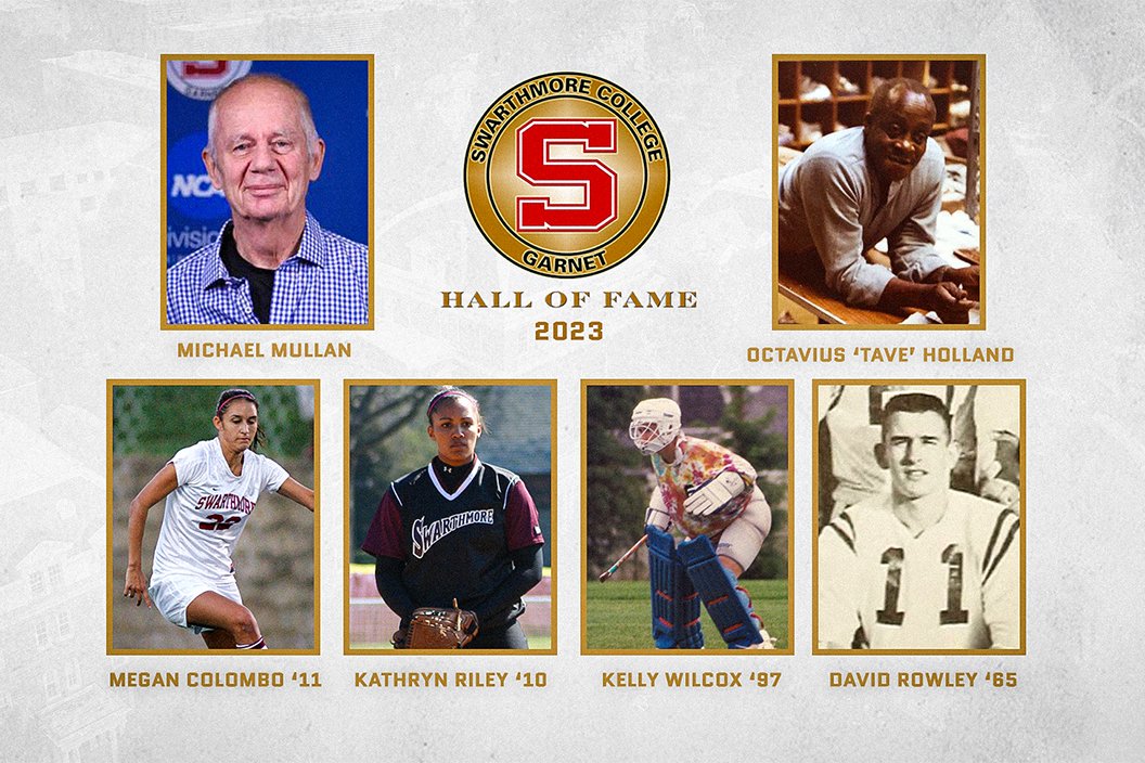 Graphic highlighting hall of fame class (clockwise from top left): Mike Mullan, Tave Holland, David Rowley, Kelly Wilcox, Kathryn Riley, and Megan Colombo.
