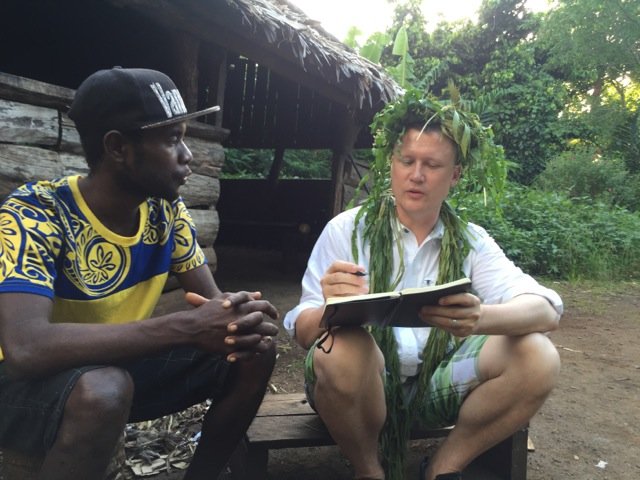 Linguist K. David Harrison consults with Chris Nevehev, a speaker of the Aneityum language..