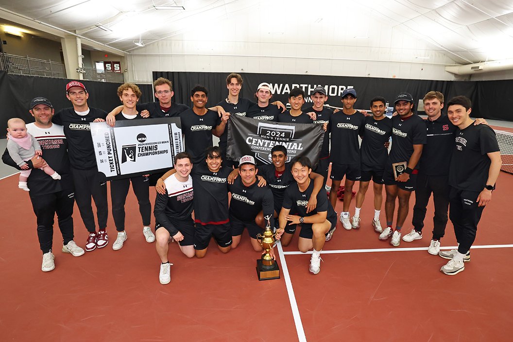 Men's tennis team poses with Centennial Conference trophy
