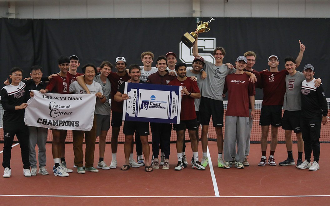 Men's tennis team poses with Centennial Conference trophy
