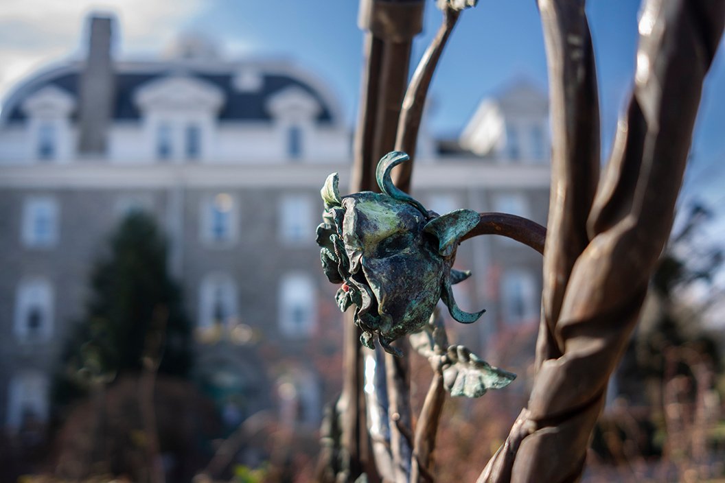 Metal rose in foreground with Parrish hall in background