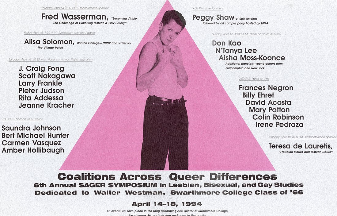 Poster of Sager event featuring pink triangle and person wearing white shirt and black pants