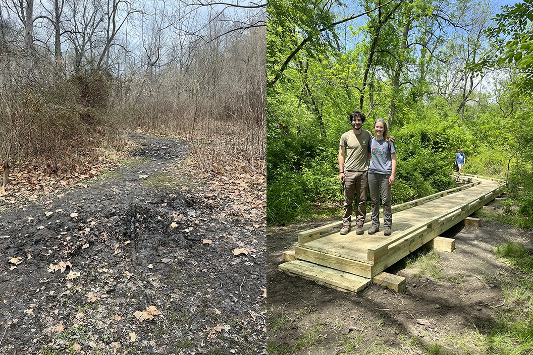 Before and after: A muddy area in Crum Woods was improved by the installation of a boardwalk