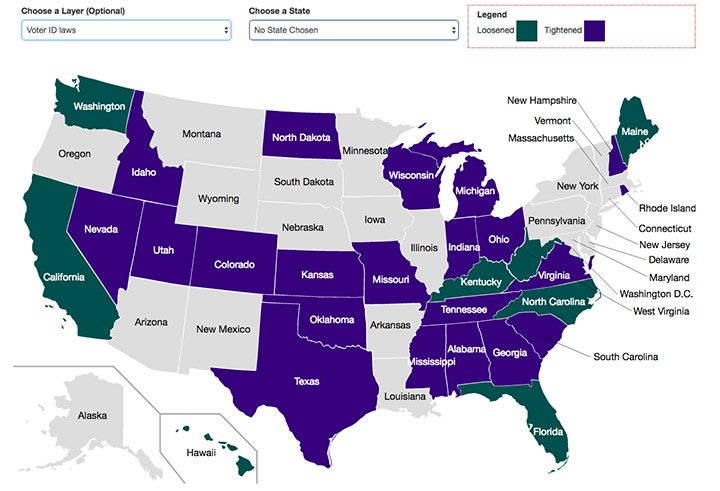 Map of the United States showing changes in Voter ID Laws