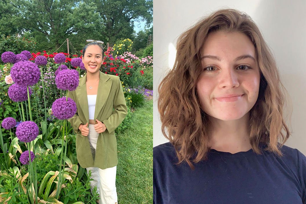 Two photos of students: one in garden (on left), portrait on right
