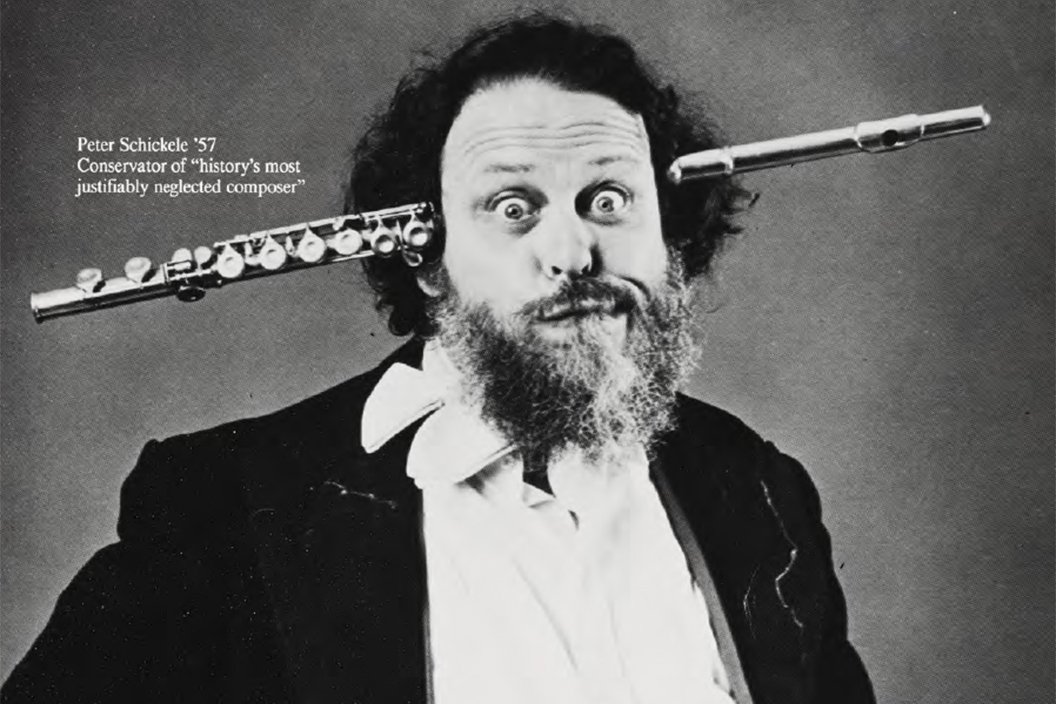 Peter Schickele on cover of Bulletin with flute going through his head