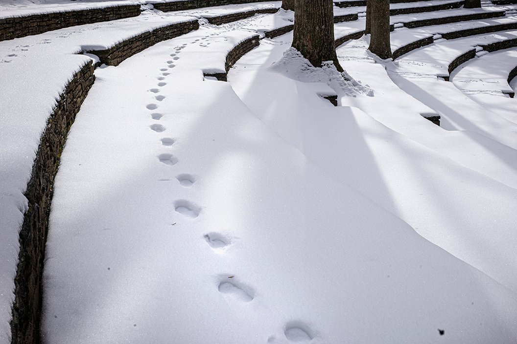 Fresh footprints in snowy amphitheater