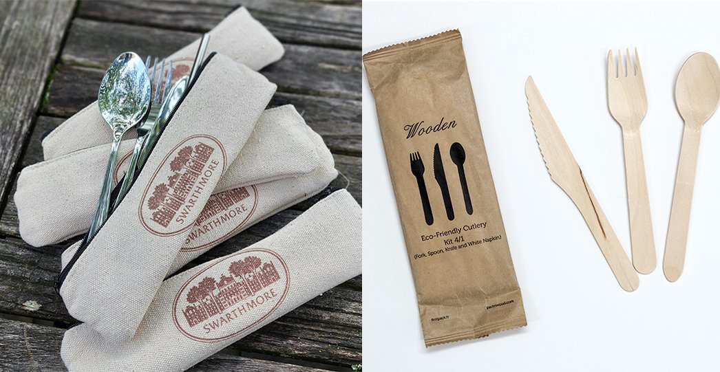 Reusable utensils (left) along with compostable wooden utensils (right)