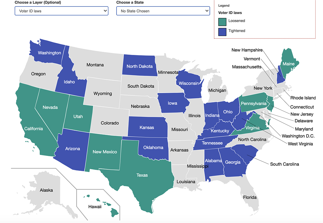 Map of America with green, blue and gray coloring to indicate state policies regarding Voter ID laws